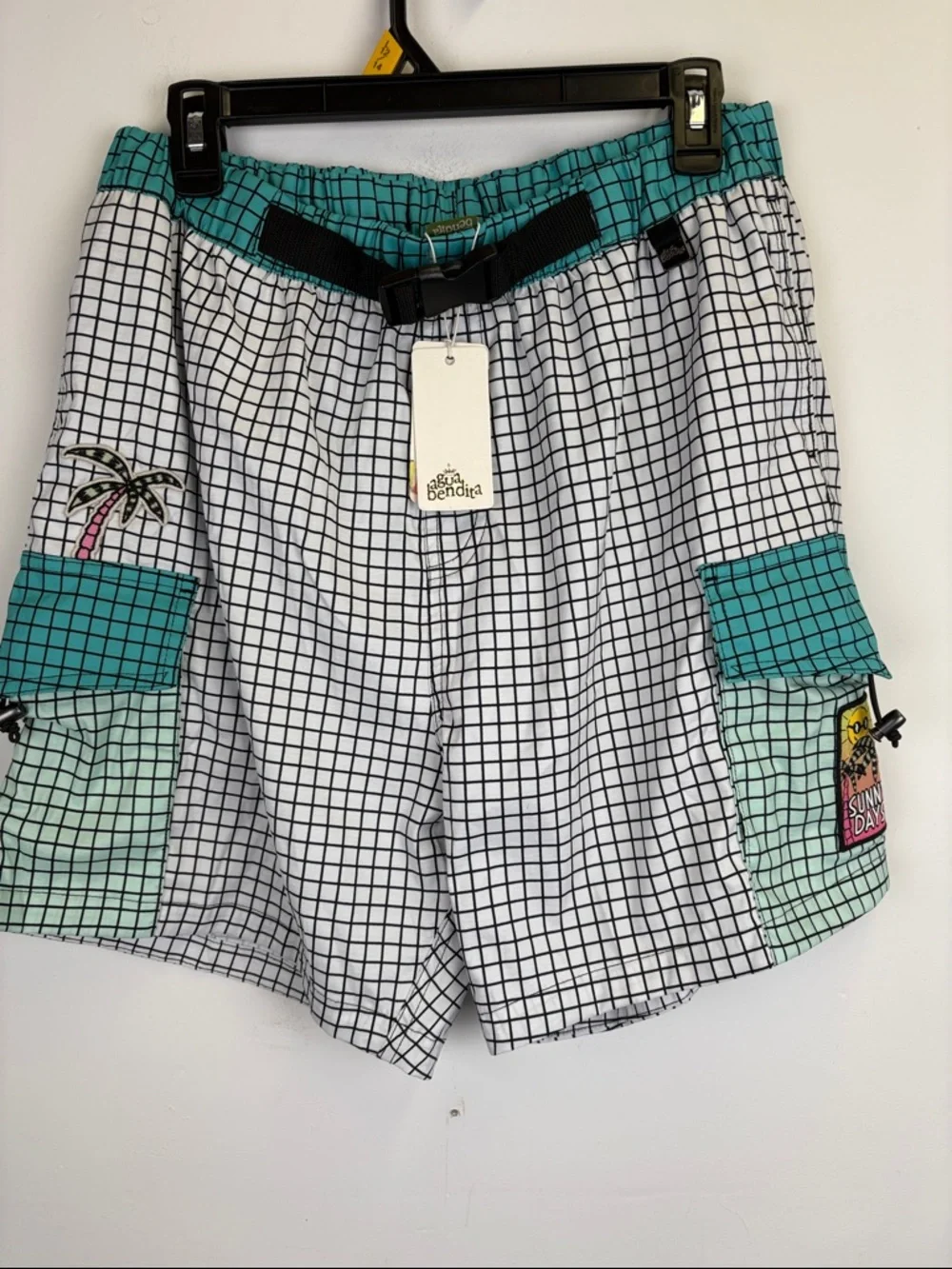 Agua Bendita Marcus Swim Trunks Men’s 38 Grid Print Cargo Pocket Resort Beach
